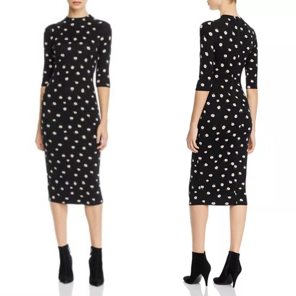 Alice + Olivia Women Size 12 Black Delora Daisy Print Midi Bodycon Jersey Dress